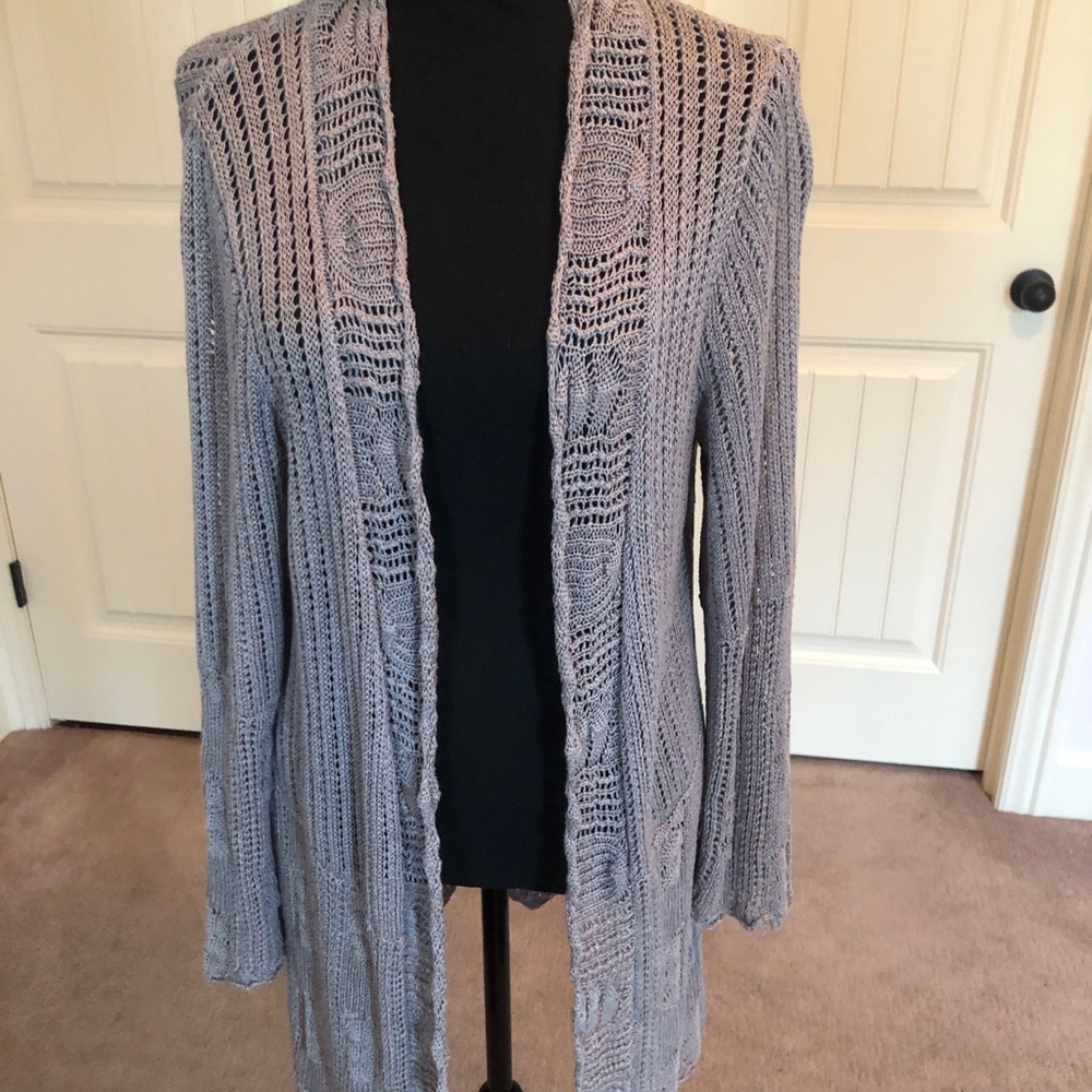 Coldwater Creek Sz medium gray crochet weave cardigan longer minimalist classy